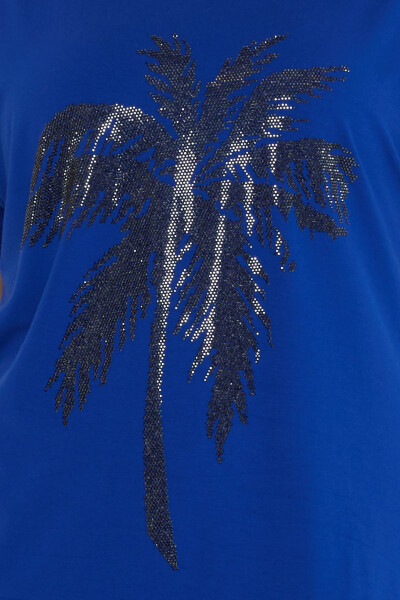 Blouse - Palm Tree Pattern - Navy Blue - 79957 | KAZEE (Set of 4 S-M-L-XL) - 4