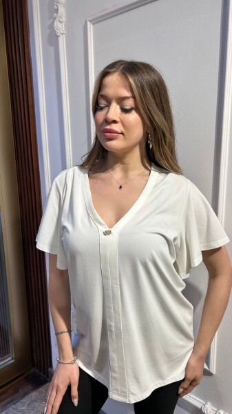 Blouse - V-Neck - Ecru - 80026 | KAZEE (3-Piece Set M-L-XL) - KAZEE (1)