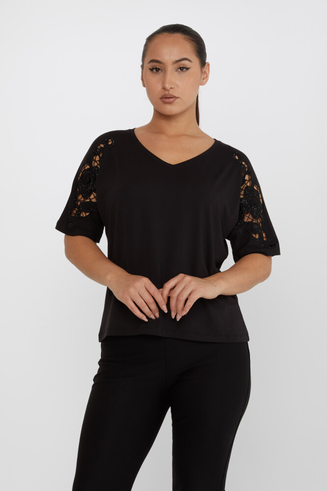 Bluse mit Ärmeldetail und Steinstickerei in Schwarz – 79092 | KAZEE (4er-Set L-XL-2XL-3XL) - 1