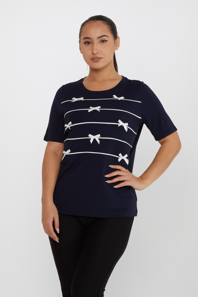 Bluse mit Schleifenmuster und kurzen Ärmeln, Marineblau – 80050 | KAZEE (3er-Set M-L-XL) - 2