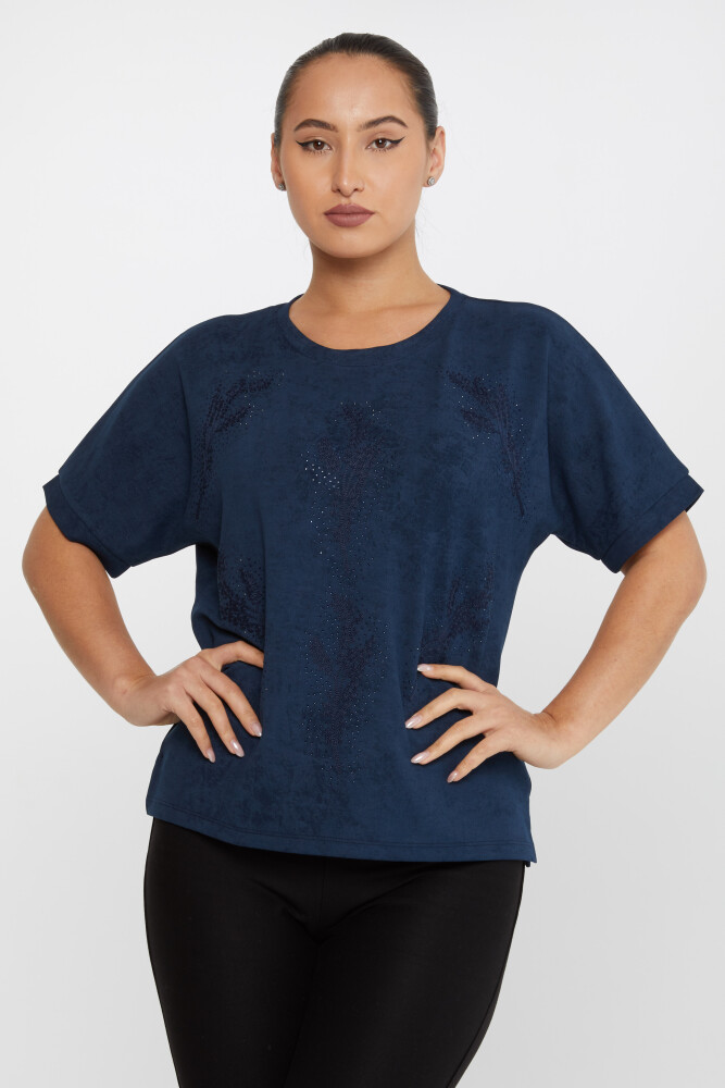 Bluse mit Blatt-Stickerei, Stein-Stickerei, kurze Ärmel, Marineblau – 79993 | KAZEE (3er-Set M-L-XL) - 1