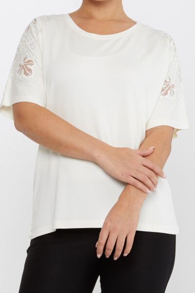 Bluse mit Blatt-Stickerei, Stein-Stickerei, kurze Ärmel, Ecru – 79888 | KAZEE (4er-Set M-L-XL-2XL) - 3