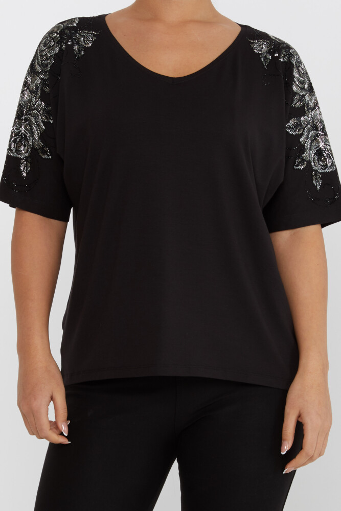 Bluse mit Blumensteinstickerei, kurzärmlig, Schwarz – 80101 | KAZEE (4er-Set L-XL-2XL-3XL) - 3