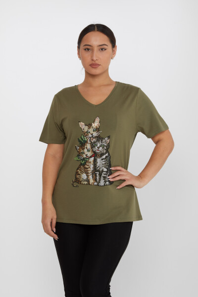 Bluse Katzenmuster Bunt Stein Khaki - 80103 | KAZEE (3er-Set M-L-XL) 