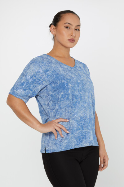 Bluse Kurzarm mit Steinstickerei Blau - 79991 | KAZEE (3er-Set M-L-XL) - 2