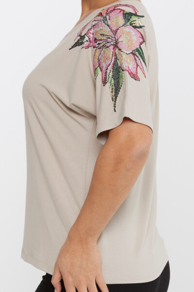 Bluse mit Blumensteinstickerei, kurzärmlig, Nerz - 79585 | KAZEE (4er-Set M-L-XL-2XL) - 4