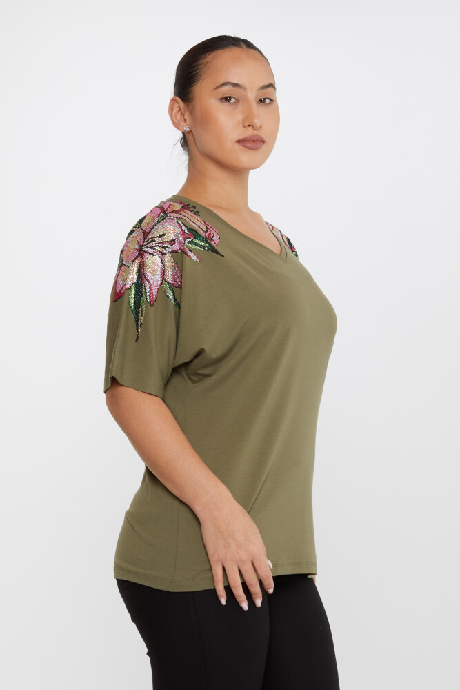 Bluse mit Blumensteinstickerei, kurze Ärmel, Khaki – 79585 | KAZEE (4er-Set M-L-XL-2XL) - 2