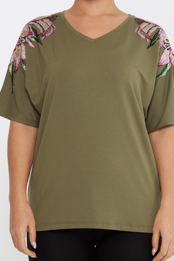 Bluse mit Blumensteinstickerei, kurze Ärmel, Khaki – 79585 | KAZEE (4er-Set M-L-XL-2XL) - 3