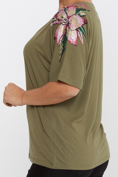 Bluse mit Blumensteinstickerei, kurze Ärmel, Khaki – 79585 | KAZEE (4er-Set M-L-XL-2XL) - 4