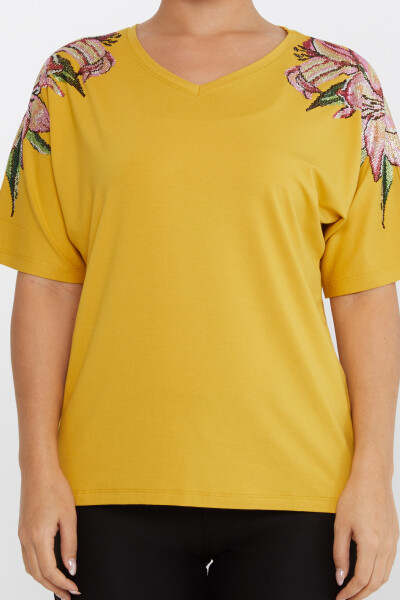 Bluse mit Blumensteinstickerei, kurze Ärmel, Safran – 79585 | KAZEE (4er-Set M-L-XL-2XL) - 3