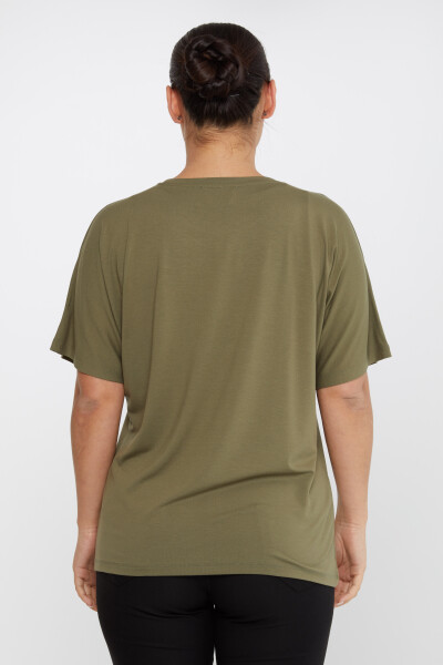 Bluse mit farbigen Steinen bestickt, kurze Ärmel, Khaki – 79634 | KAZEE (4er-Set M-L-XL-2XL) - 5