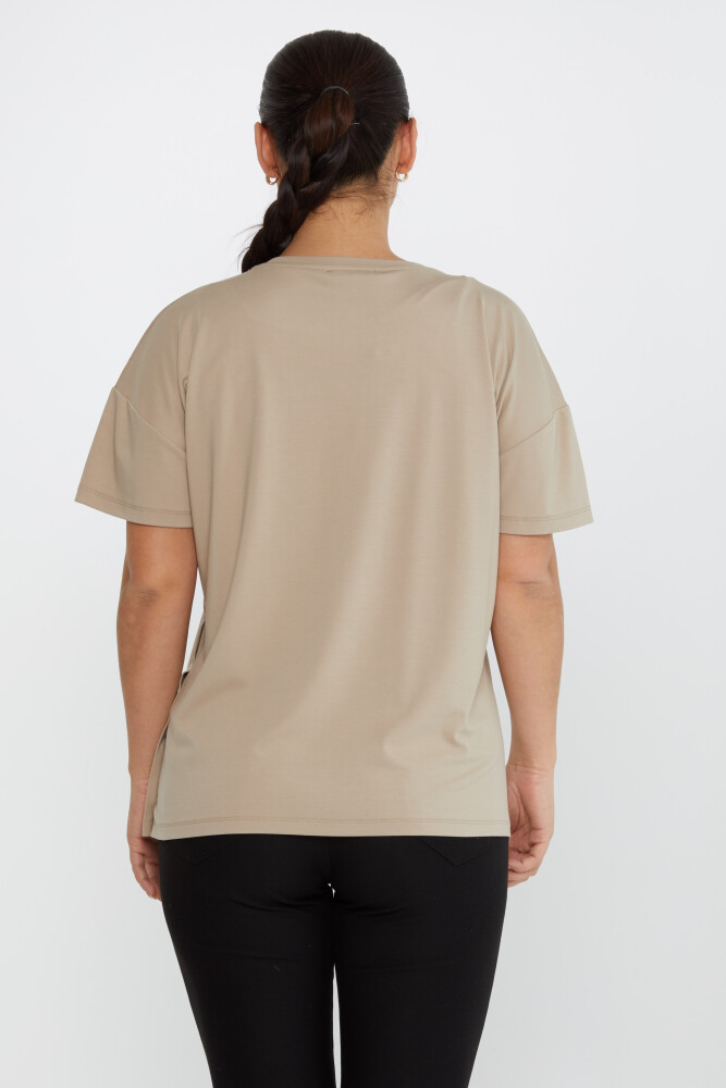 Kurzärmlige Bluse mit Knöpfen und Steindetail Beige - 79998 | KAZEE (3er-Set M-L-XL) - 5