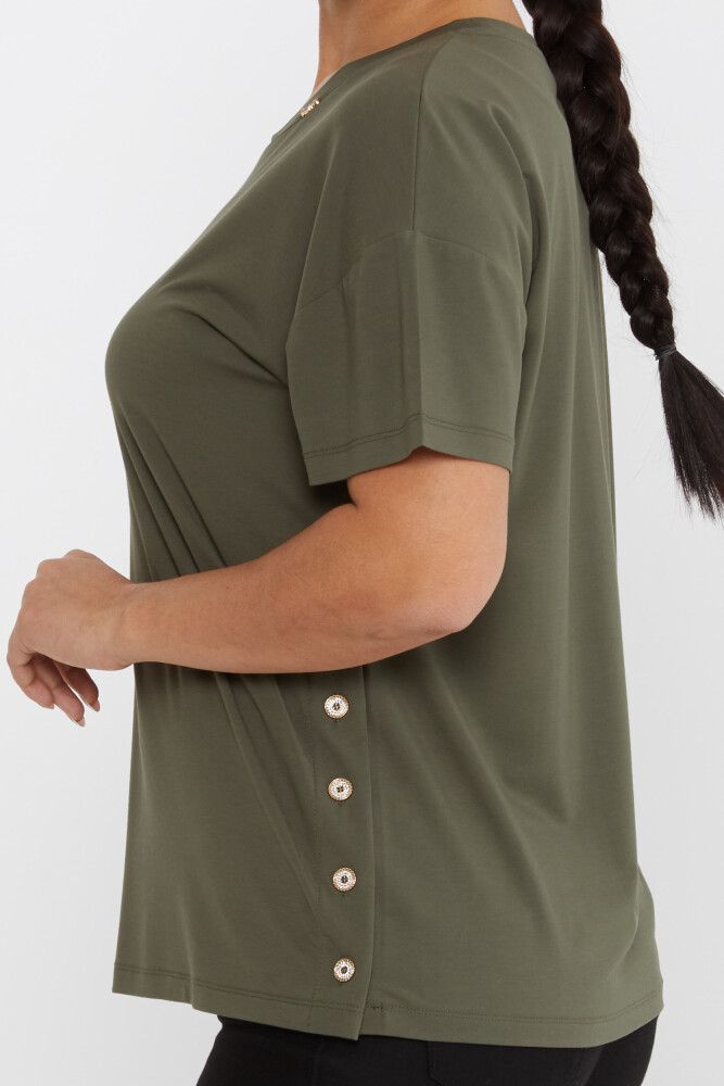 Khakifarbene Bluse mit kurzen Ärmeln und Steindetail und Knöpfen – 79998 | KAZEE (3er-Set M-L-XL) - 4