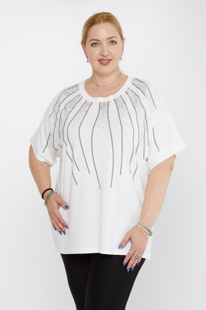 Bluse mit Steinstickerei, kurze Ärmel, Ecru – 79604 | KAZEE (4er-Set M-L-XL-2XL) - 1