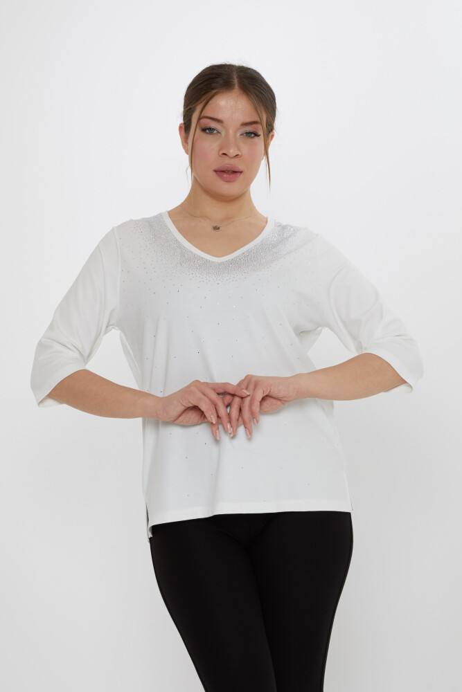 Bluse mit Steinstickerei Ecru - 80034 | KAZEE (3er-Set M-L-XL) - 1