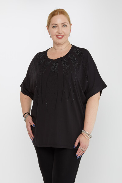 Bluse mit Steinstickerei, kurze Ärmel, Schwarz – 79604 | KAZEE (4er-Set M-L-XL-2XL) 