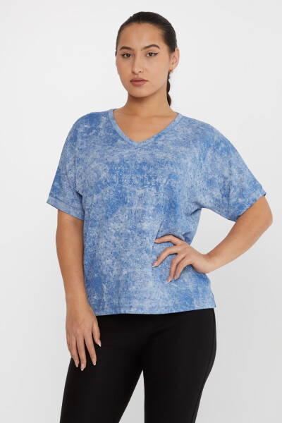 Bluse mit Steinstickerei und V-Ausschnitt, Blau – 79985 | KAZEE (3er-Set M-L-XL) - 1