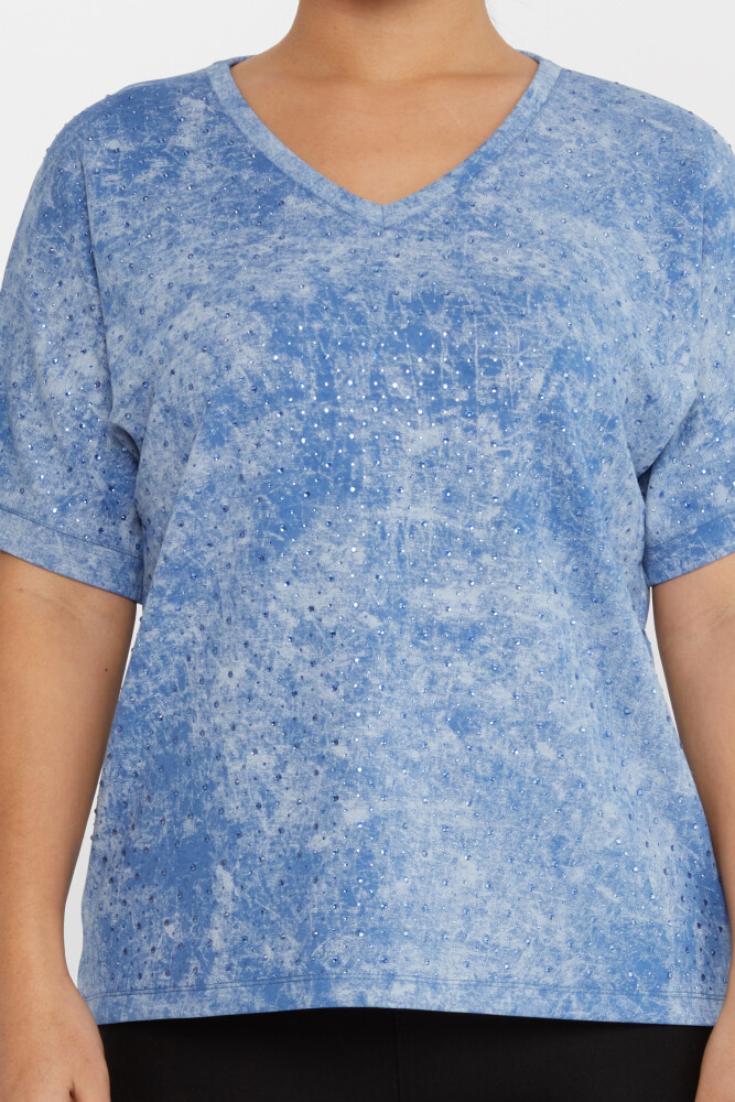 Bluse mit Steinstickerei und V-Ausschnitt, Blau – 79985 | KAZEE (3er-Set M-L-XL) - 3