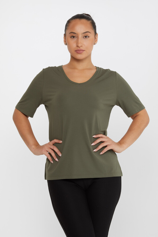 Bluse mit Schlitzdetail und kurzen Ärmeln Khaki – 80015 | KAZEE (3er-Set L-XL-2XL) - 2