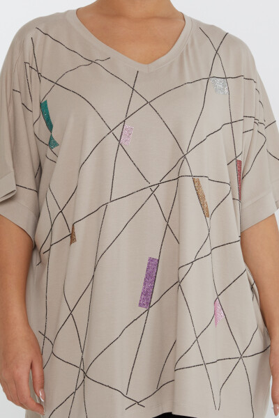 Bluse mit Steinstickerei, kurze Ärmel, Nerz - 80110 | KAZEE (4er-Set M-L-XL-2XL) - 3