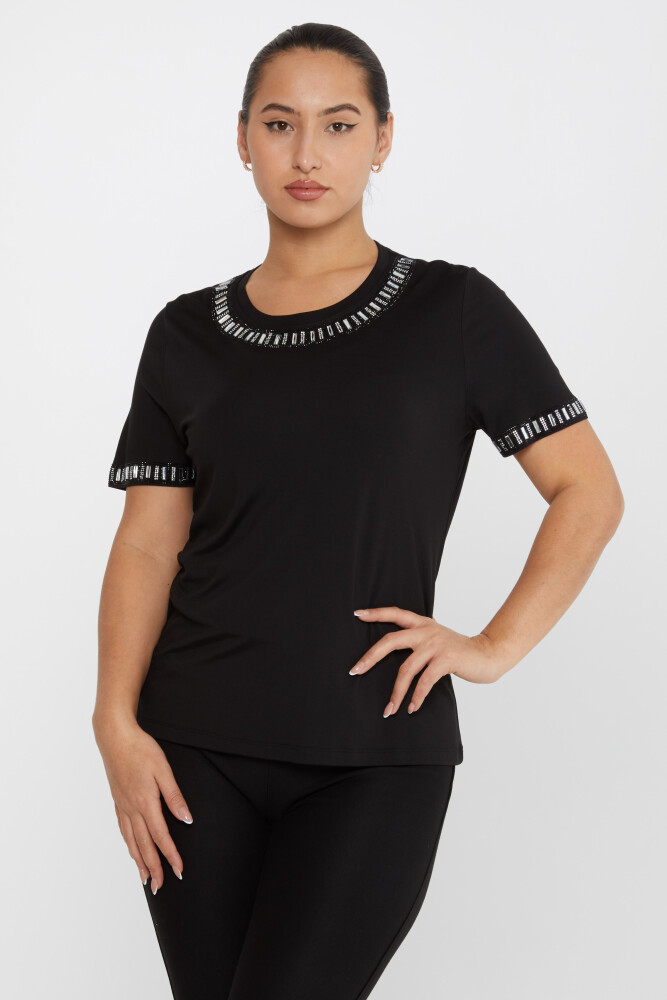 Bluse mit Steinstickerei, kurze Ärmel, Schwarz – 79927 | KAZEE (3er-Set M-L-XL) - 2