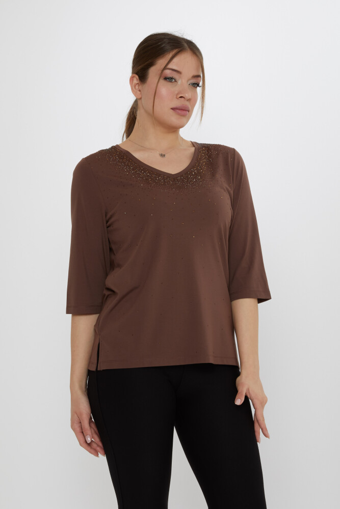 Bluse Stone Bestickt Braun - 80034 | KAZEE (3er-Set M-L-XL) - 2