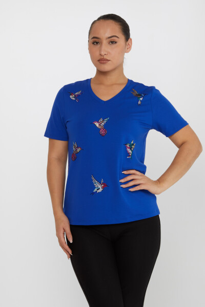 Bluse mit Vogelsteinstickerei und V-Ausschnitt, Saxe – 80111 | KAZEE (3er-Set M-L-XL) - 2