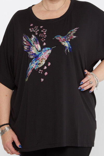 Bluse mit Vogelmuster und Steinstickerei in Schwarz – 79948 | KAZEE (4er-Set M-L-XL-2XL) - 2