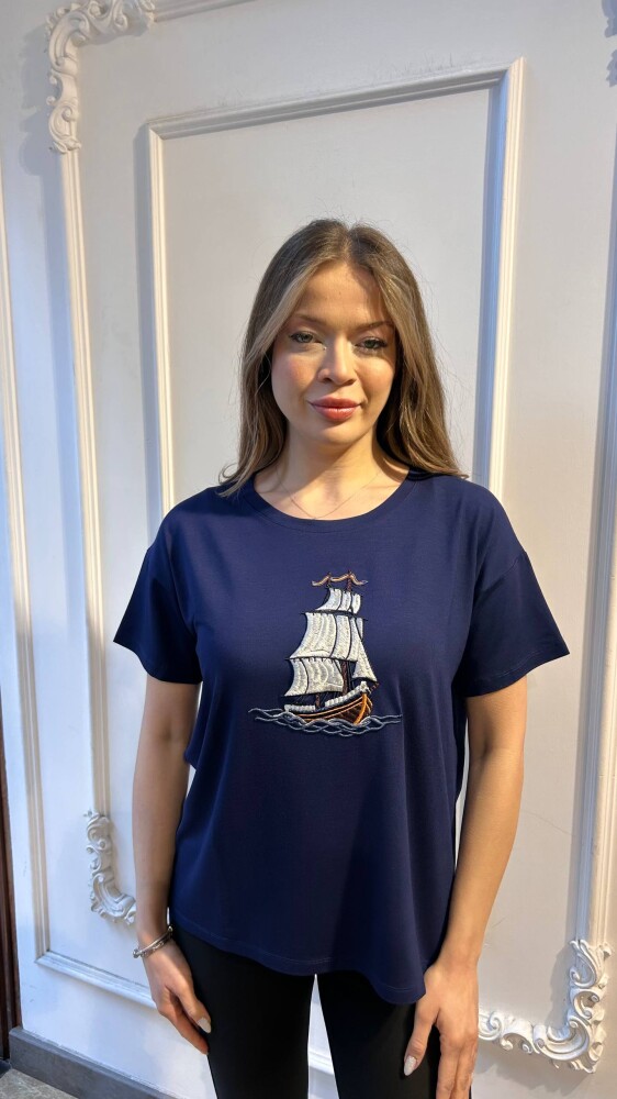 Bluz Bisiklet Yaka Desenli Lacivert - 80245 | KAZEE (3'lü Set L-XL-2XL) - 1