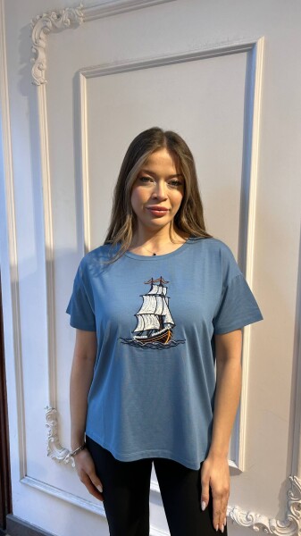 Bluz Bisiklet Yaka Desenli Mavi - 80245 | KAZEE (3'lü Set L-XL-2XL) 