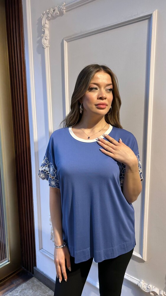 Bluz Çiçek Detaylı İndigo - 80004 | KAZEE (3'lü Set M-L-XL) - 2