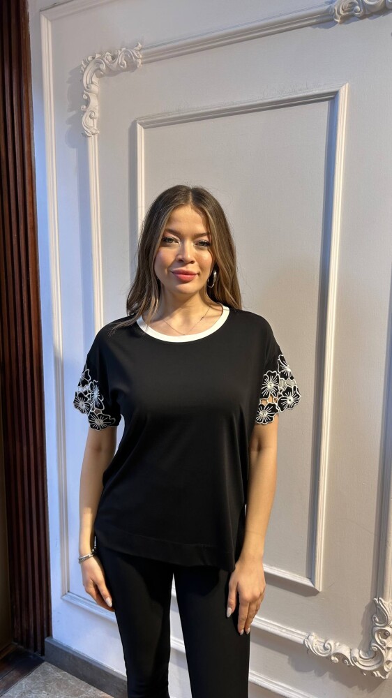 Bluz Çiçek Detaylı Siyah - 80004 | KAZEE (3'lü Set M-L-XL) - 1