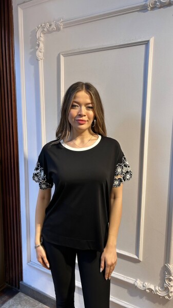 Bluz Çiçek Detaylı Siyah - 80004 | KAZEE (3'lü Set M-L-XL) - KAZEE