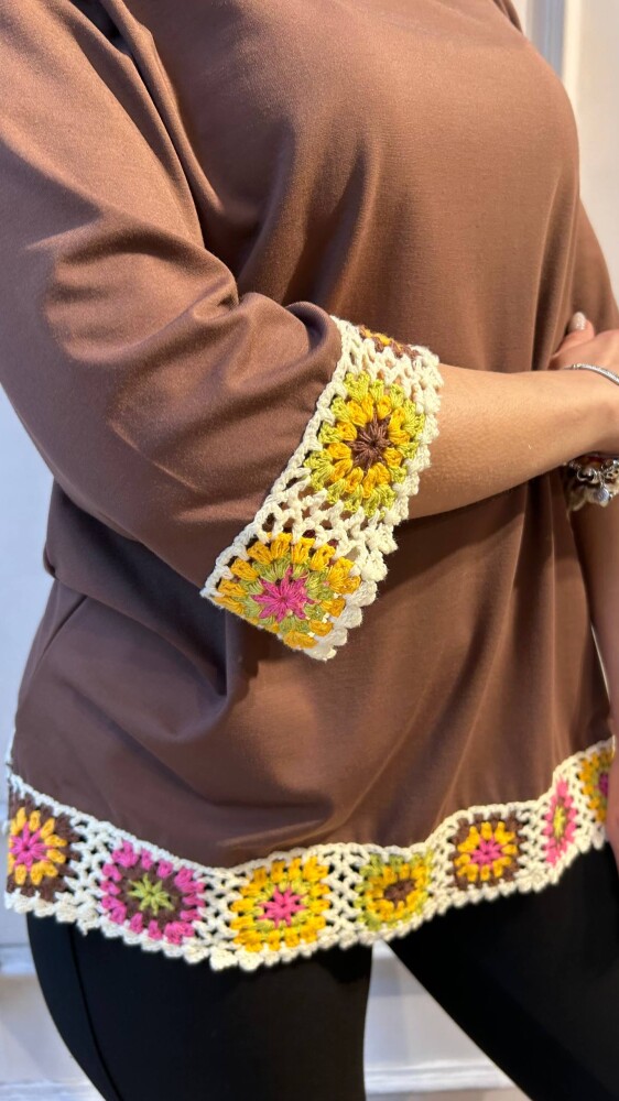 Bluz Çiçek Nakışlı Kahve - 80054 | KAZEE (3'lü Set L-XL-2XL) - 2