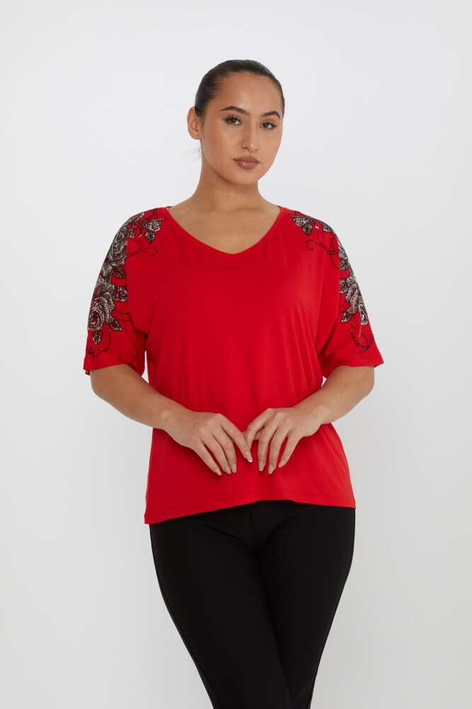 Bluz Çiçek Taş İşlemeli Kırmızı - 80101 | KAZEE (4'lü Set L-XL-2XL-3XL) - 1