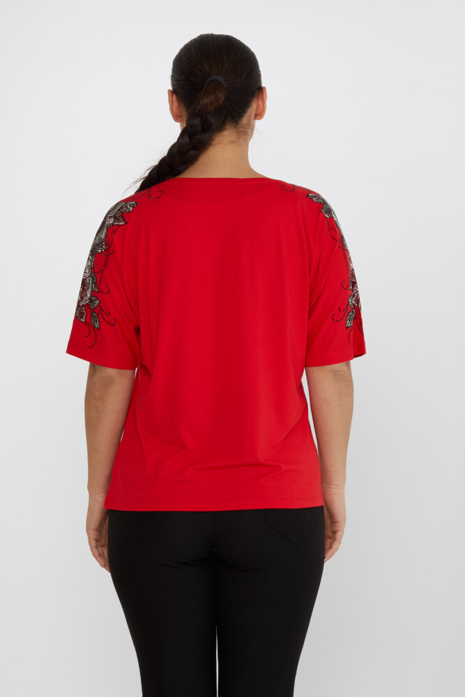 Bluz Çiçek Taş İşlemeli Kırmızı - 80101 | KAZEE (4'lü Set L-XL-2XL-3XL) - 5