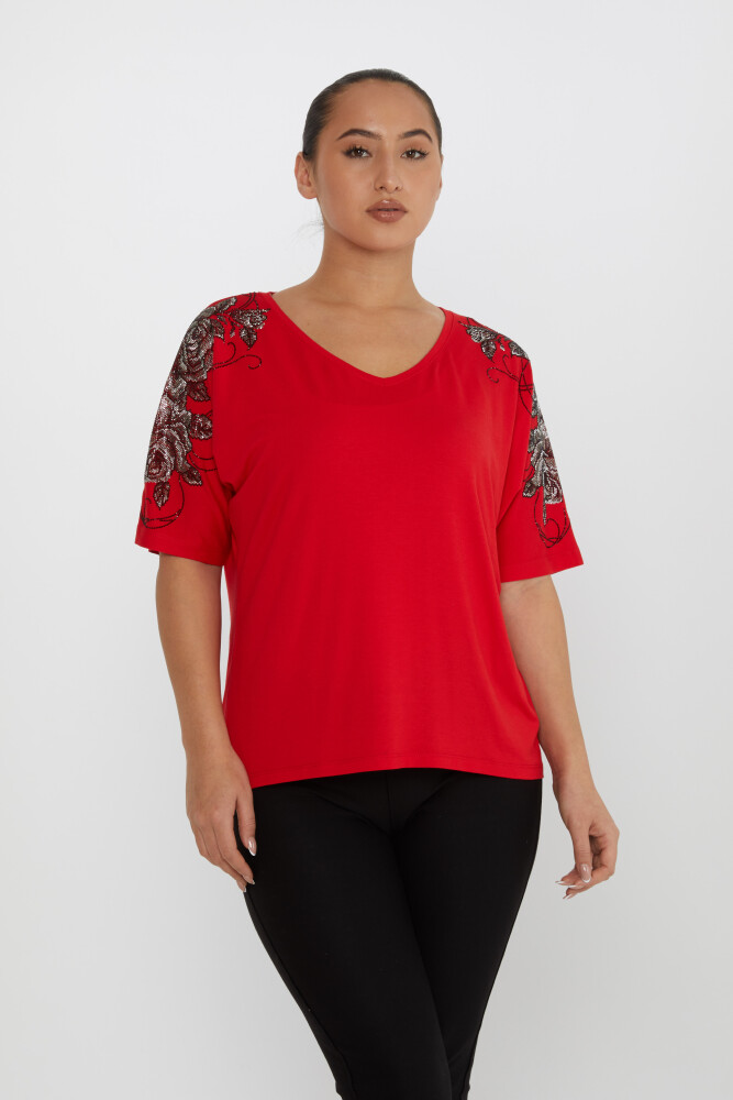 Bluz Çiçek Taş İşlemeli Kırmızı - 80101 | KAZEE (4'lü Set L-XL-2XL-3XL) - 2