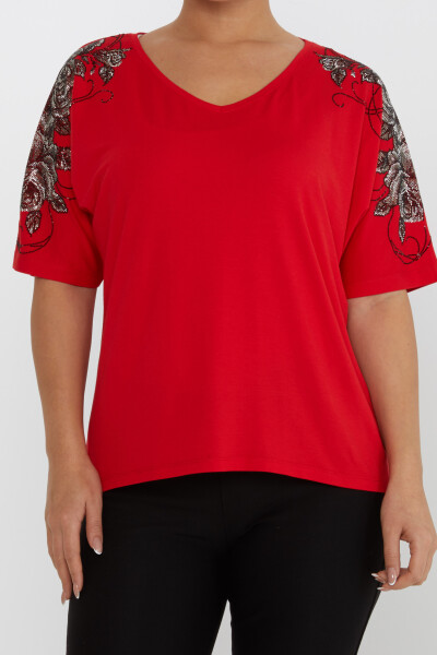 Bluz Çiçek Taş İşlemeli Kırmızı - 80101 | KAZEE (4'lü Set L-XL-2XL-3XL) - 3