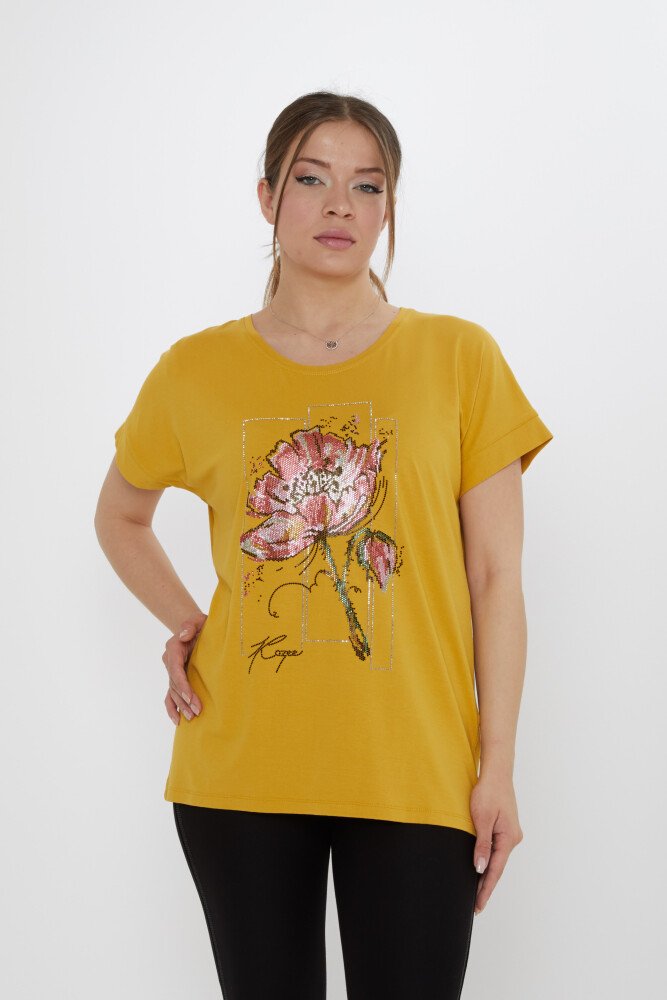 Bluz Çiçek Taş İşlemeli Safran - 79602 | KAZEE (4'lü Set M-L-XL-2XL) - 1