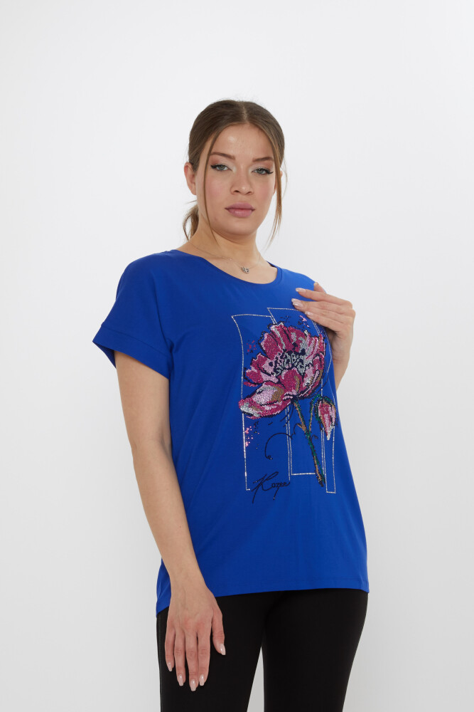 Bluz Çiçek Taş İşlemeli Saks - 79602 | KAZEE (4'lü Set M-L-XL-2XL) - 1