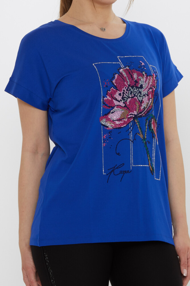 Bluz Çiçek Taş İşlemeli Saks - 79602 | KAZEE (4'lü Set M-L-XL-2XL) - 4