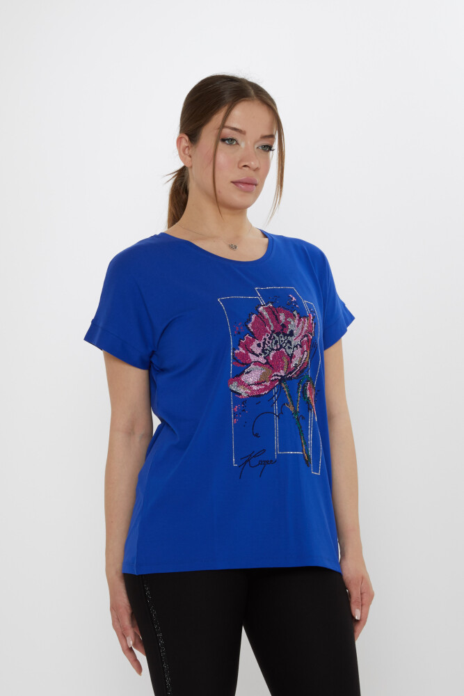 Bluz Çiçek Taş İşlemeli Saks - 79602 | KAZEE (4'lü Set M-L-XL-2XL) - 2