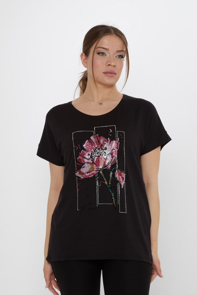 Bluz Çiçek Taş İşlemeli Siyah - 79602 | KAZEE (4'lü Set M-L-XL-2XL) - 2