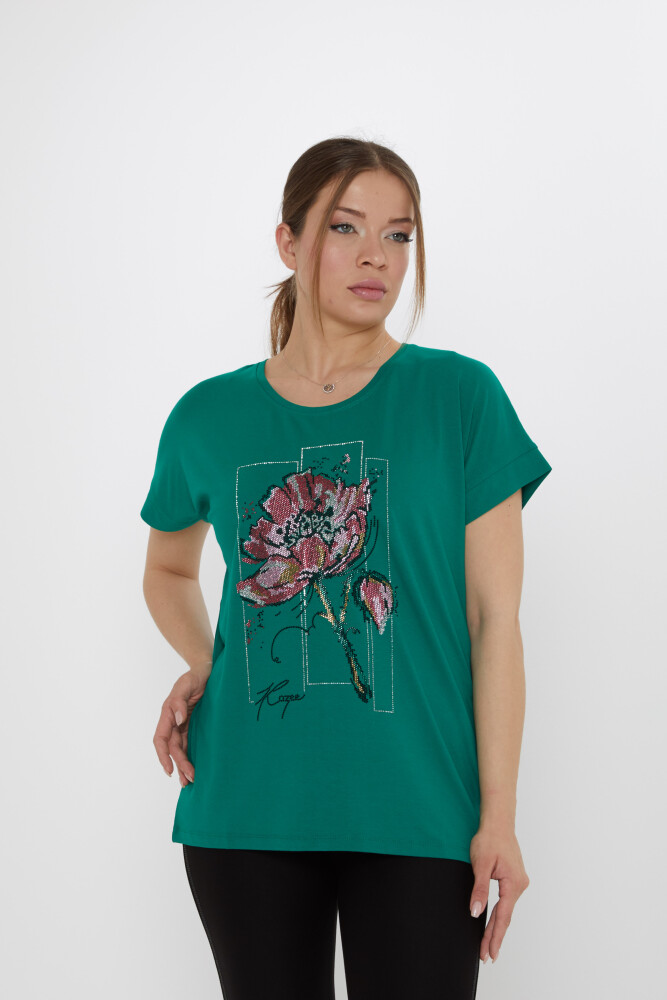 Bluz Çiçek Taş İşlemeli Yeşil - 79602 | KAZEE (4'lü Set M-L-XL-2XL) - 1