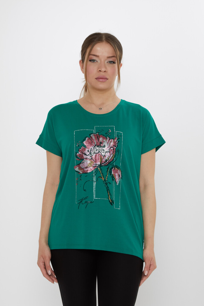 Bluz Çiçek Taş İşlemeli Yeşil - 79602 | KAZEE (4'lü Set M-L-XL-2XL) - 2