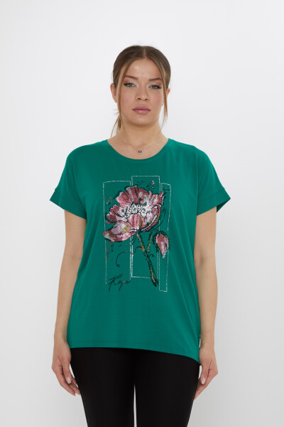 Bluz Çiçek Taş İşlemeli Yeşil - 79602 | KAZEE (4'lü Set M-L-XL-2XL) - Kazee (1)