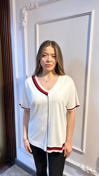Bluz Çizgi Detaylı Ekru - 80072 | KAZEE (3'lü Set M-L-XL) - Kazee