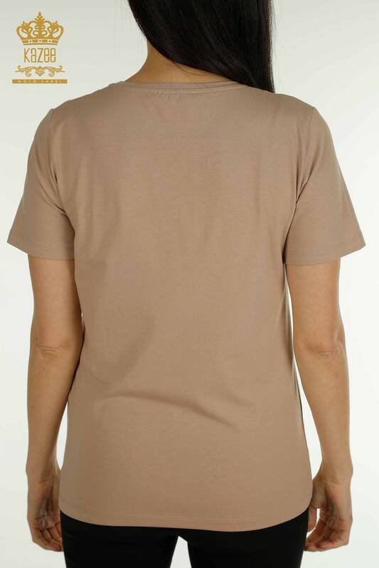 Bluză de damă cu ridicata - Cu Piatră Brodat - Bej - 79468 | KAZEE
