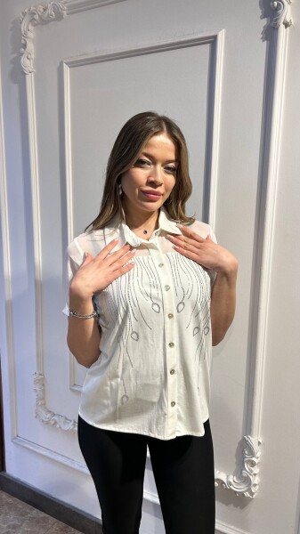 Bluz Düğme Detaylı Ekru - 80185 | KAZEE (3'lü Set M-L-XL) - Kazee