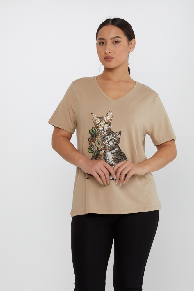 Bluz Kedi Desenli Bej - 80103 | KAZEE (3'lü Set M-L-XL) - 1